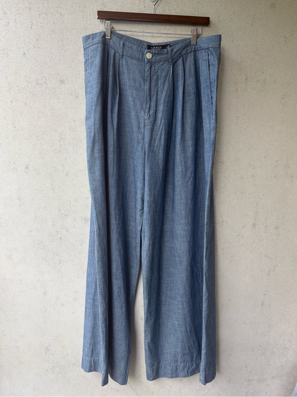 Lauren Ralph Lauren Chambray Pleated Wide Leg Pants 16 High Rise Cotton - Picture 13 of 13